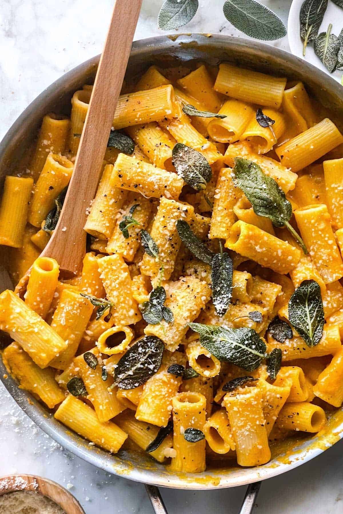 Creamy pumpkin rigatoni with brown butter and sage