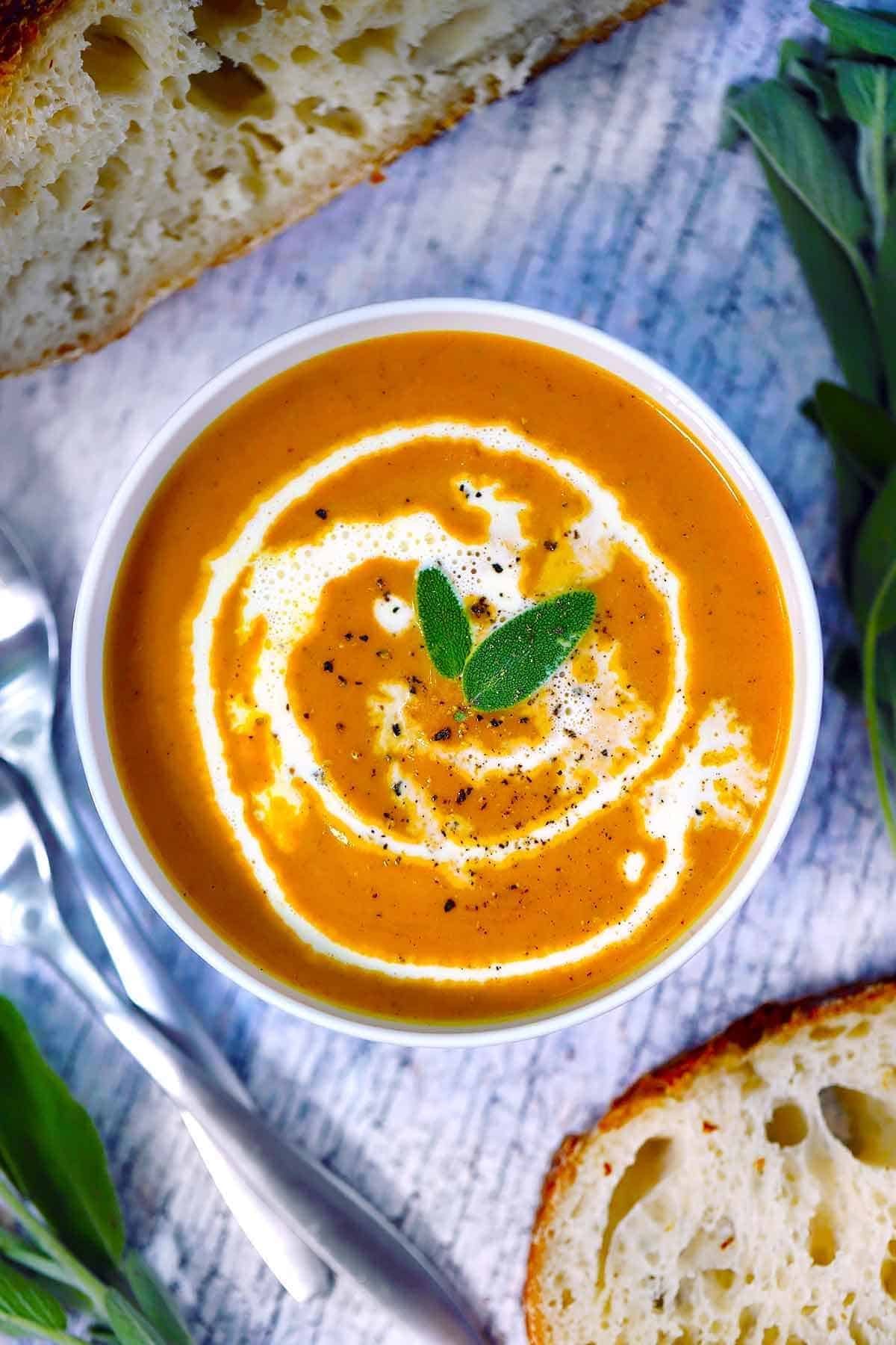 Bowl of creamy pumpkin sage soup