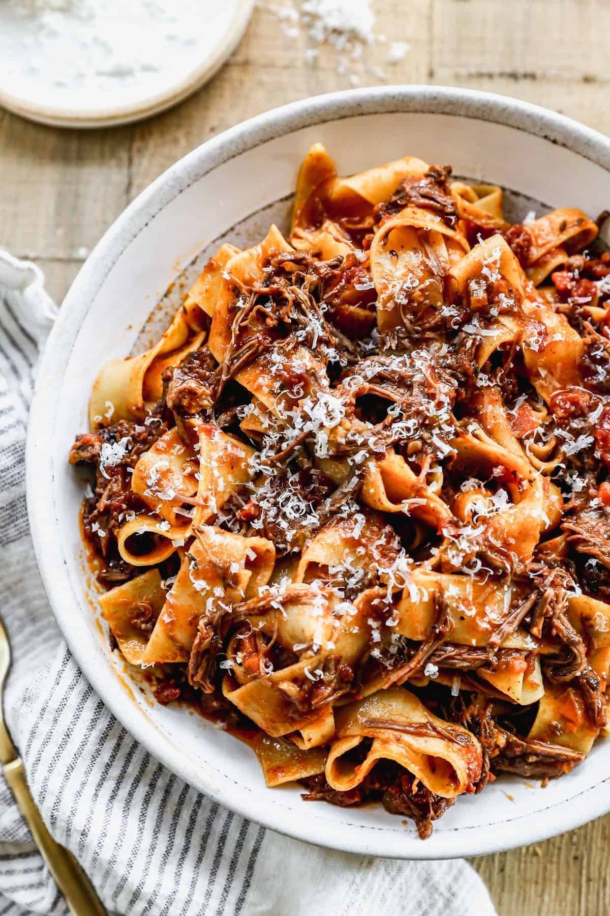 Short rib ragu pasta in a bowl