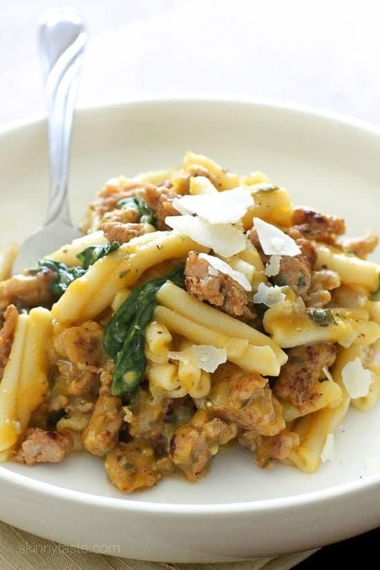 Spicy butternut squash pasta with sausage and spinach