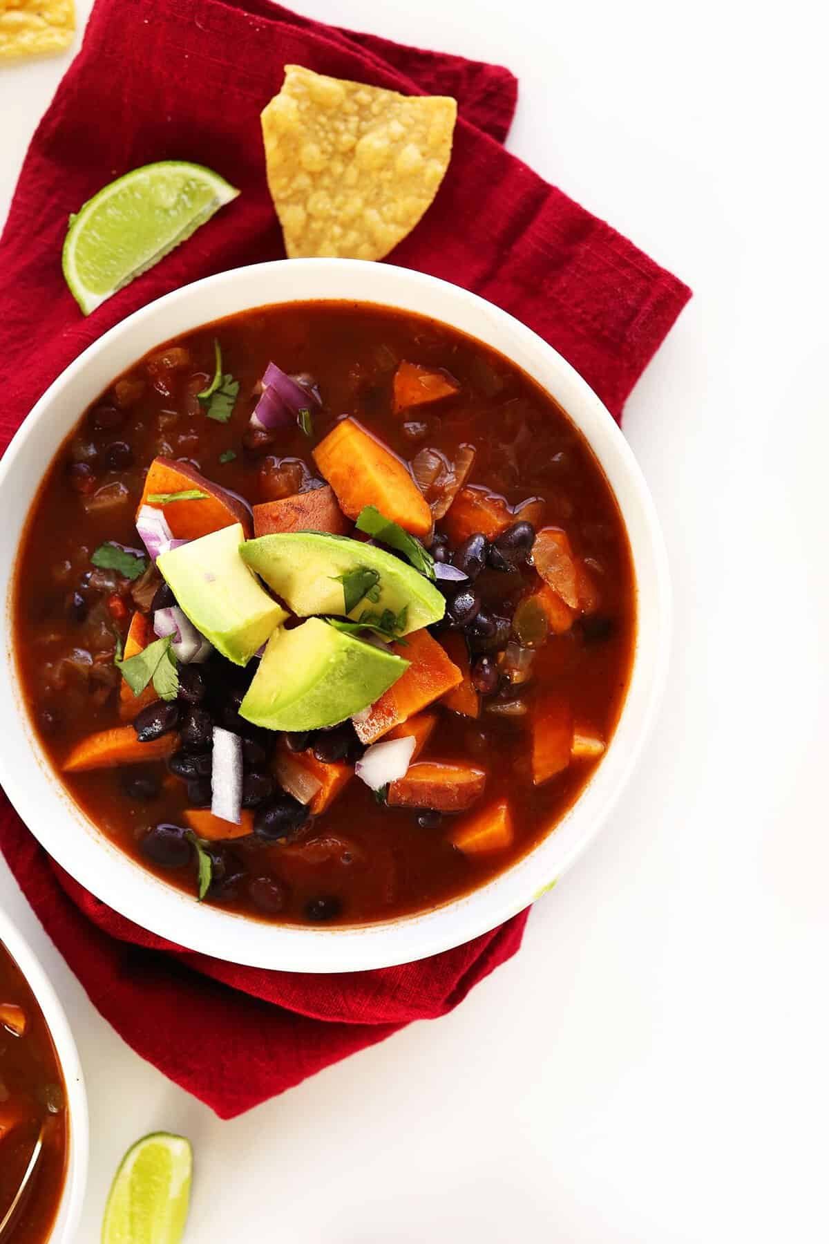 Sweet potato black bean chili in a bowl