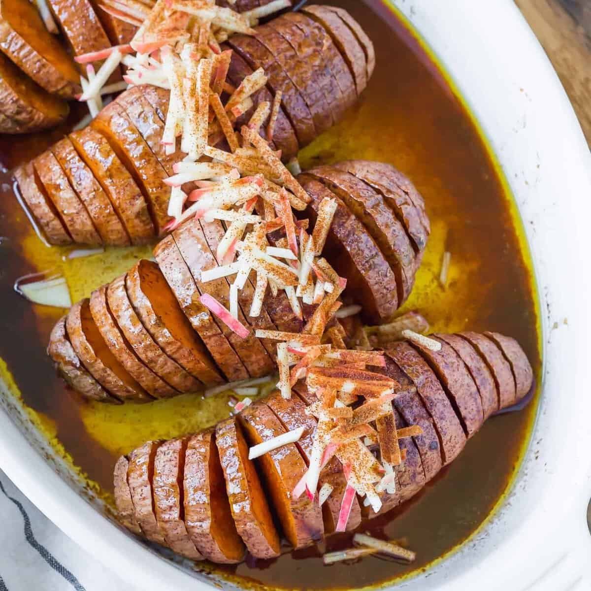 Hasselback sweet potatoes with cinnamon brown sugar butter