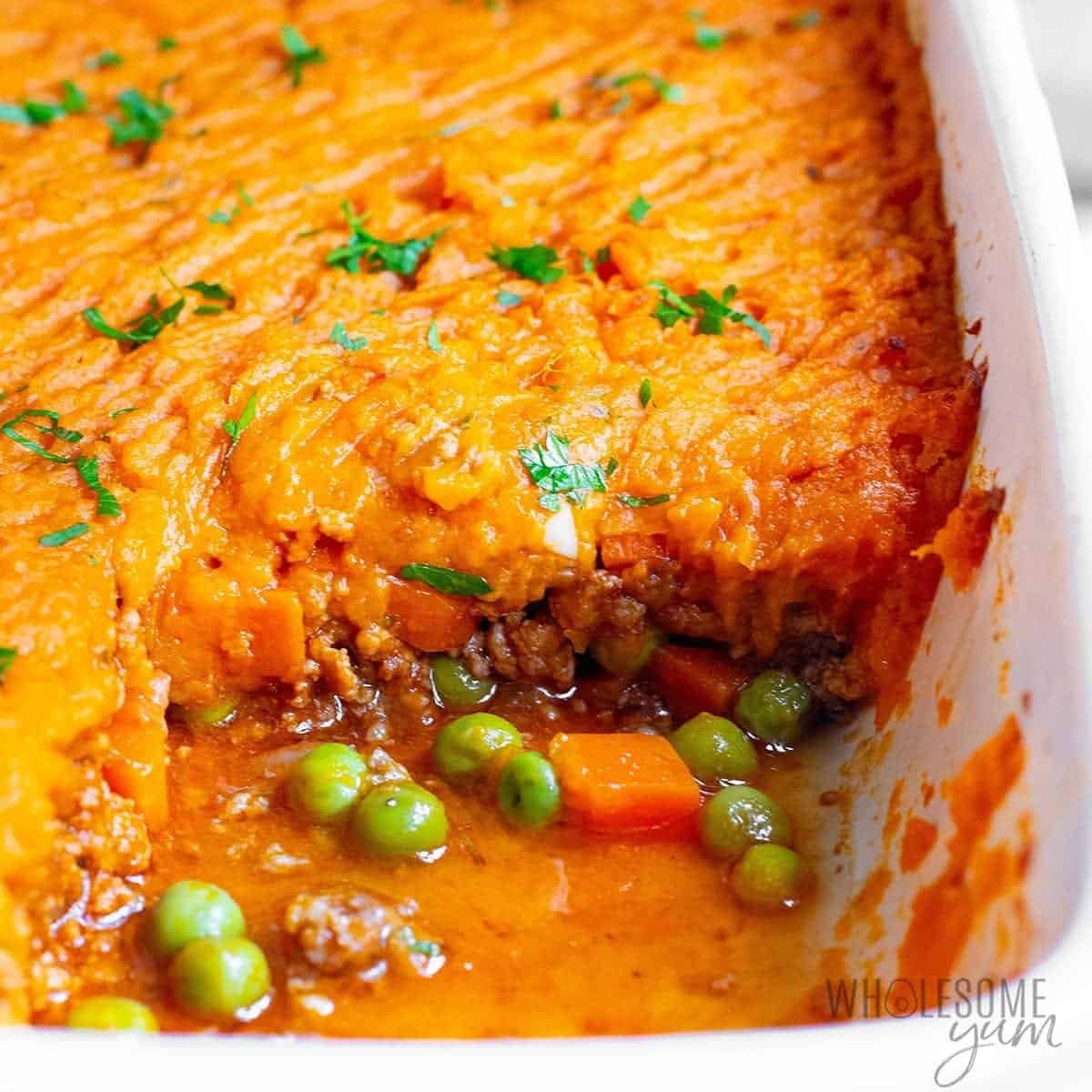 Sweet potato shepherd's pie with ground beef and vegetables