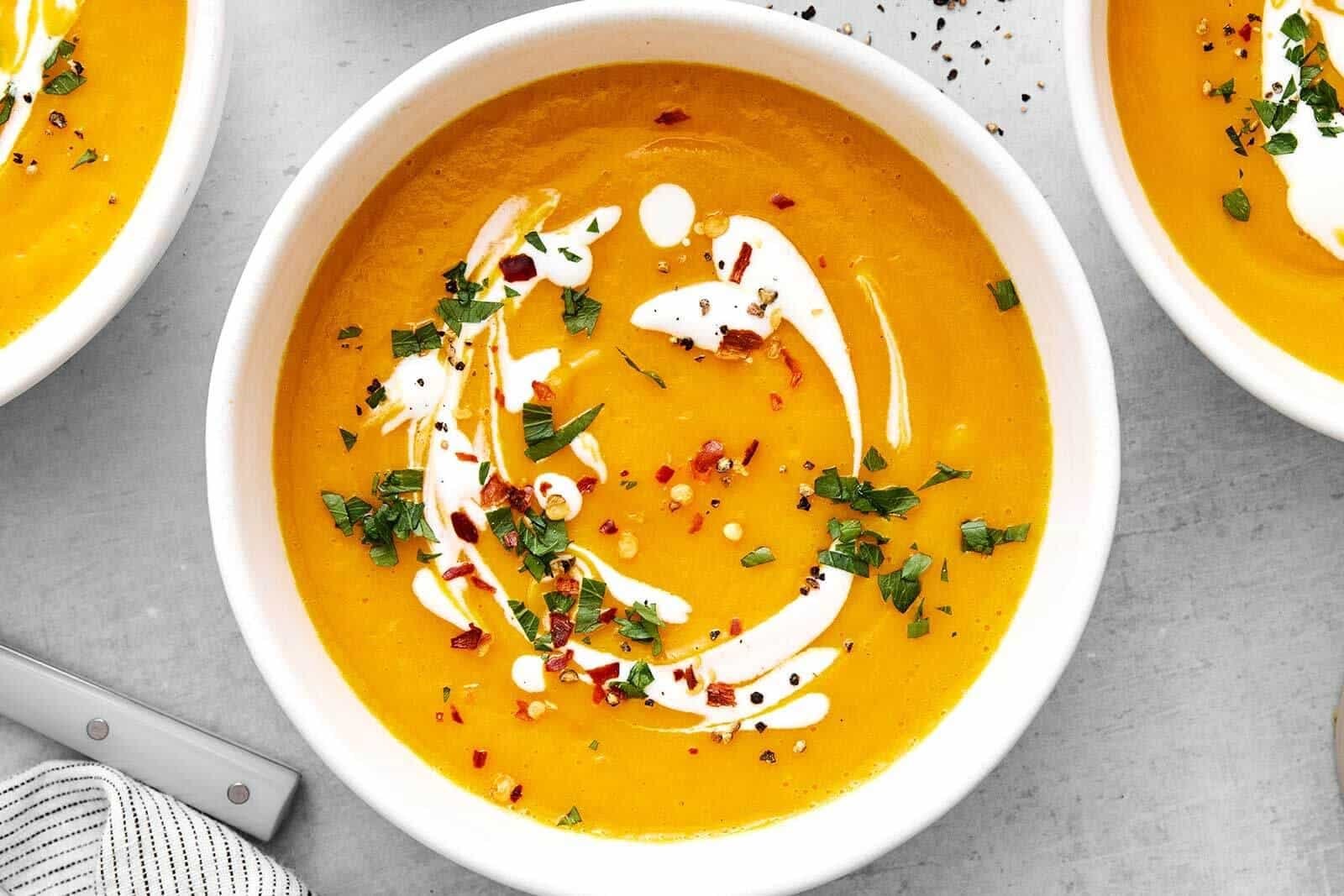 Creamy sweet potato soup in a bowl