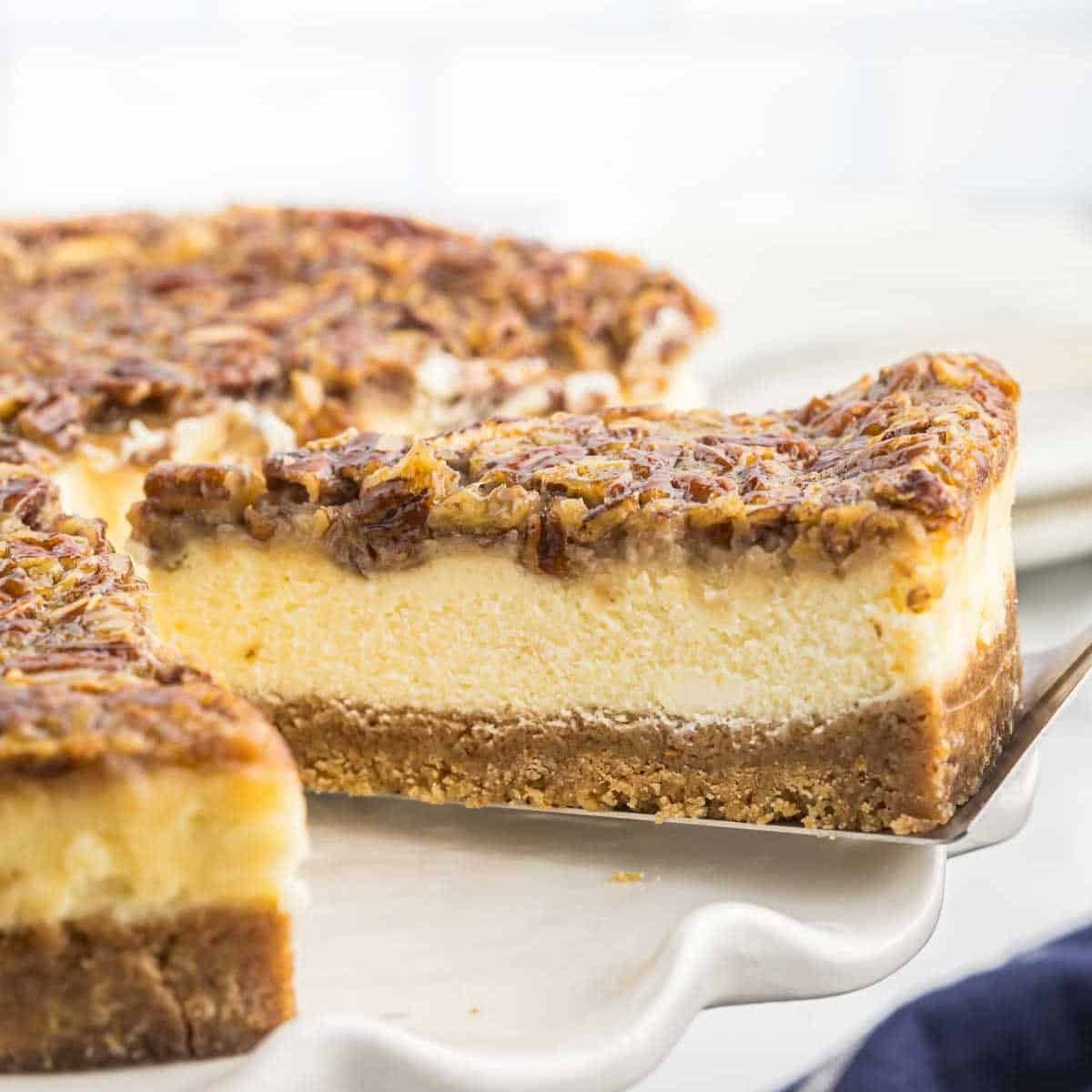 Pecan pie cheesecake with caramel pecan topping