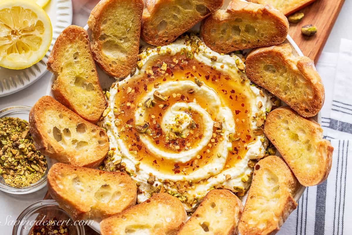 Whipped feta dip with hot honey and pistachios
