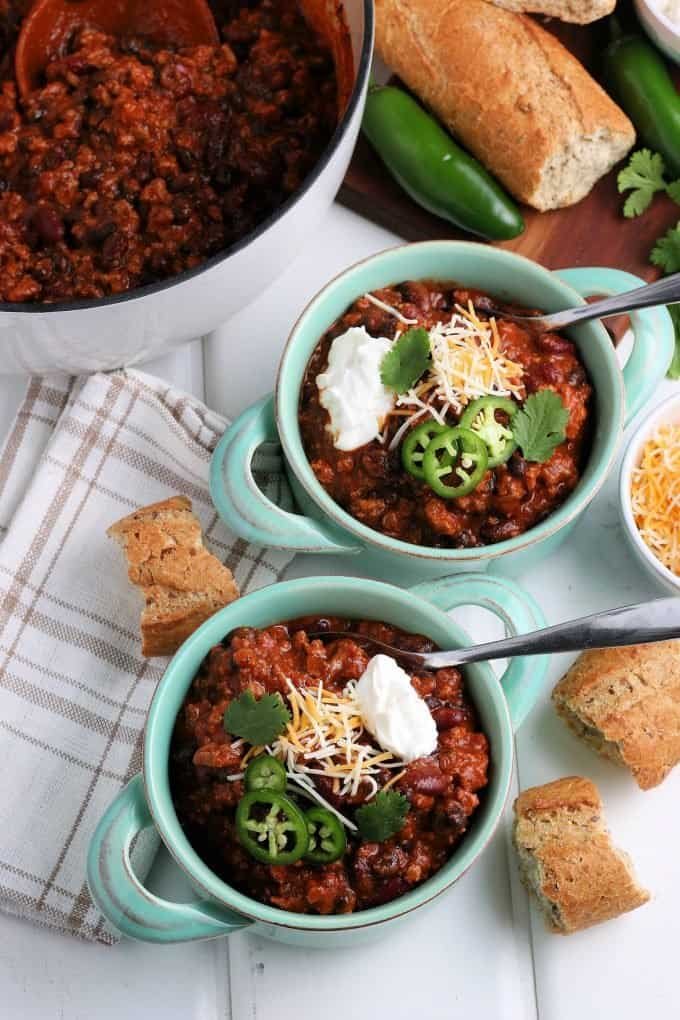 Bowl of leftover turkey chili with beans