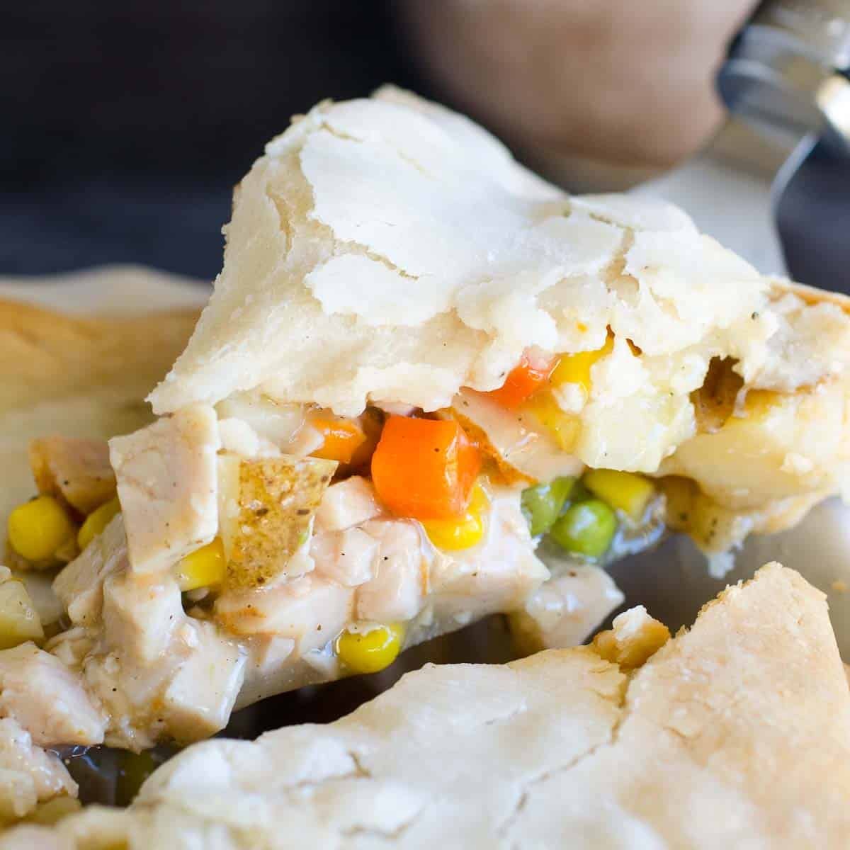 Golden leftover turkey pot pie with a flaky double crust