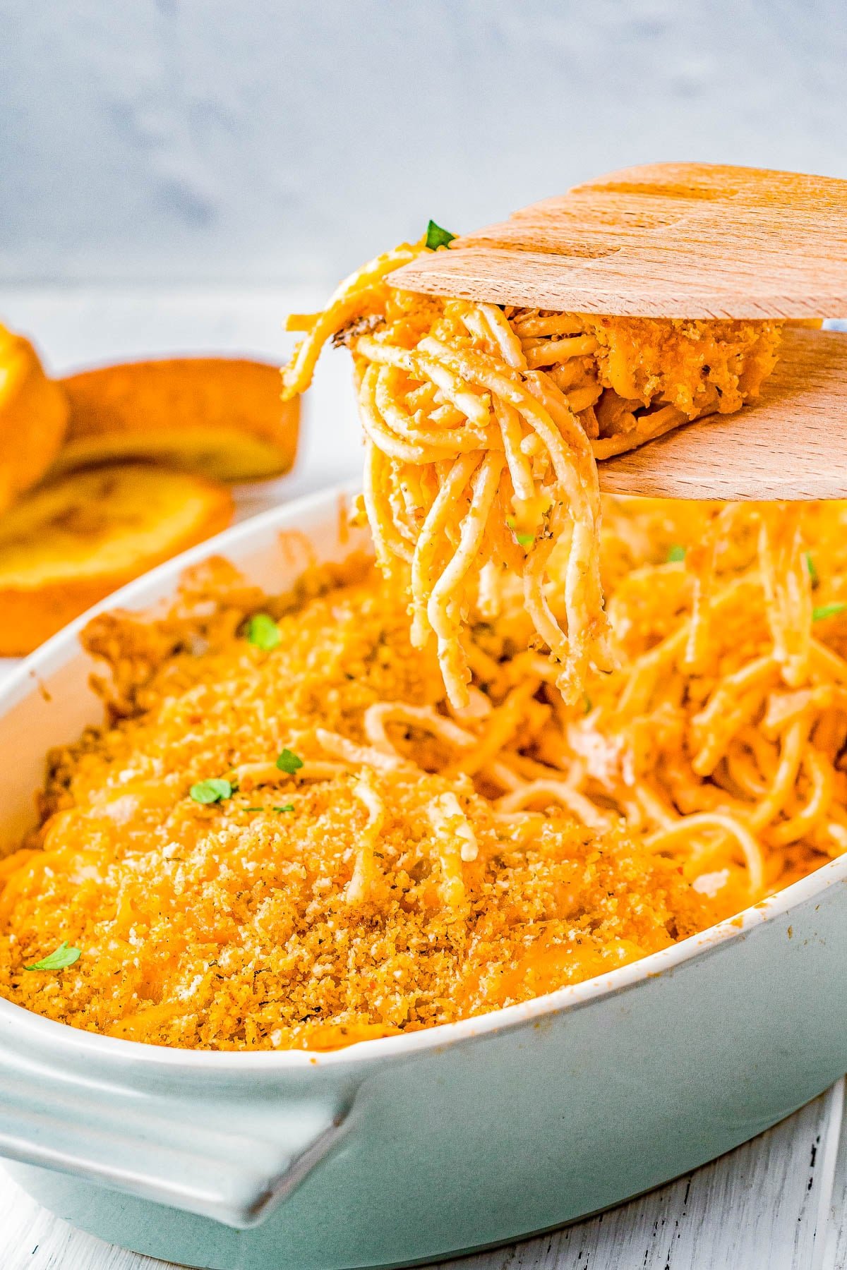 Creamy baked turkey tetrazzini with spaghetti and a cheesy breadcrumb top